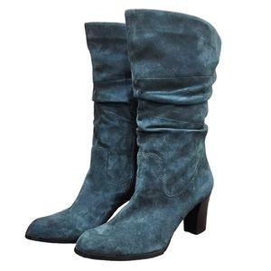 Naturalizer N5 Comfort Wide Shaft Green Suede Zip Heeled Boots Size 11M